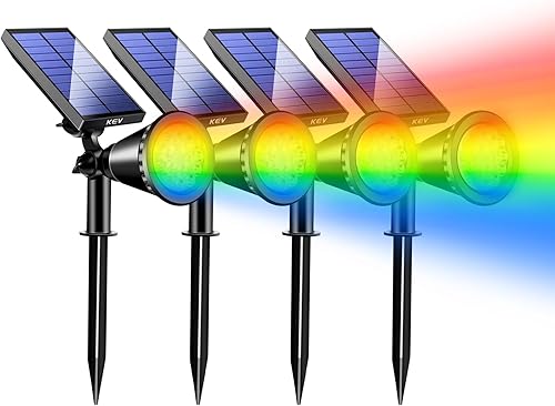 Miniatura 1 de KEV Focos solares para exteriores, 18 luces LED de inundación solares con 8 modos y colores ajustables e impermeables IPX65, foco solar de Halloween