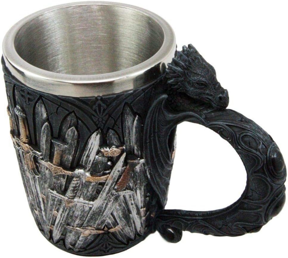 Ebros Set of 2 Medieval Valyrian Steel Blade Swords Wine Goblet Chalice With Entwined Dragons Stem And Iron Throne Dragon Tankard Mug Fantasy GOT Themed Accessory Party Prop Decors