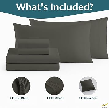 Shreem Linen 6 Piece Full Sheet Set - 100% Egyptian Cotton Sheets, Hotel Luxury Bedding, 18 Deep Pocket, Cooling Soft Breathable Bed Sheets with 4 Pillowcases, Dark Grey Solid