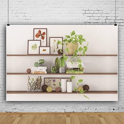 Miniatura 4 de Leowefowa Fondo de vinilo moderno de 8 x 6 pies, decoración de sala de estar, estantería de plantas verdes, fondo de fotografía, telón de fondo de