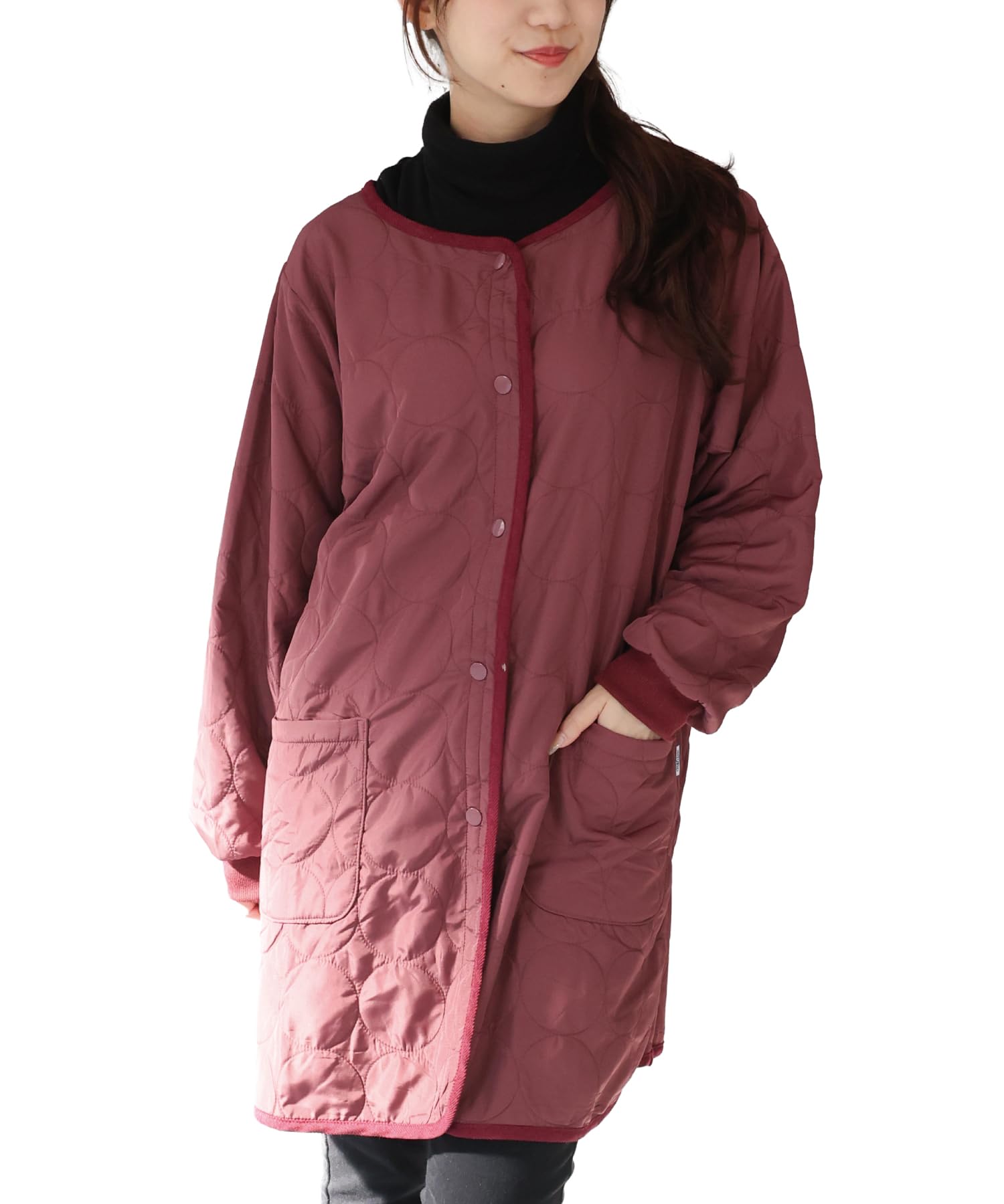 on nishiki Women's Smocked Coat, Winter, Boa Lined, Warm, Fashionable, Cute, Front Opening, Long Length, Cold Protection, Quilted, Ribbed Sleeves, Pockets Included, Flattering Apron with Sleeves-picture-14
