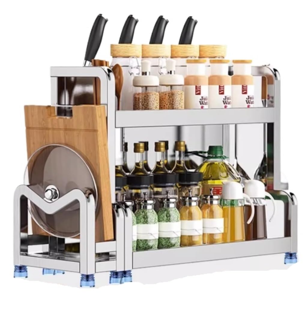 HADECOLL Kitchen Storage Rack 304 Stainless Steel Spice Rack Countertop Desktop Organizer Kitchen Storage Organizer Shelf Kitchen Cabinet Storage,2-Tier