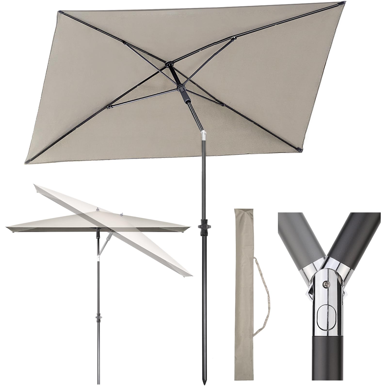 Sekey 210 × 140 cm Sonnenschirm mit Schutzhülle, Balkonschirm Gartenschirm Terrassenschirm, Sonnenschutz UPF50+, Kippbar, Höhenverstellbar, Rechteckig
