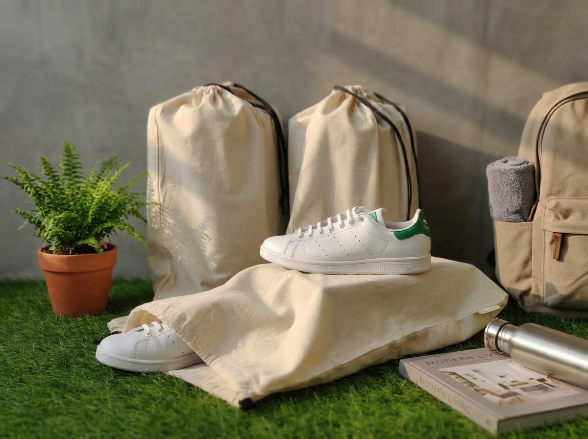 Cotton Shoe Bags with Drawstring (3 Pack) 15x12 inches, Shoe Storage for Travel, Dustproof, Soft & Breathable Natural Cotton, Reusable Shoe Organizer Bags for Sneakers, Boots & Storage - S