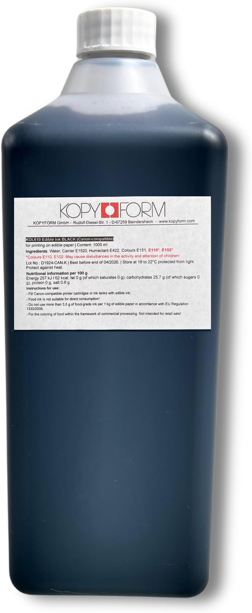 KOPYFORM 1L Edible Ink for Canon Edible Printers - Cyan, Magenta, Yellow and Black (Black 1L)