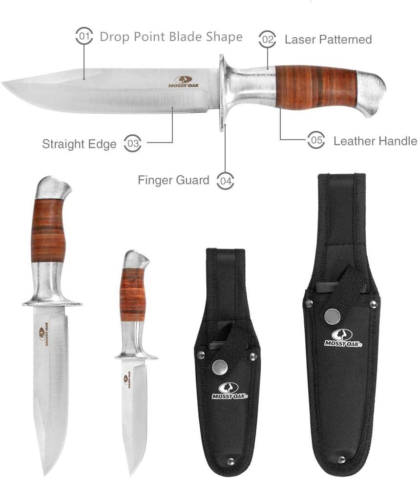 MOSSY OAK Fixed Blade Hunting Knife Set with Sheath 2 Pieces Drop Point Knife with Laser Patterned Leather Handle