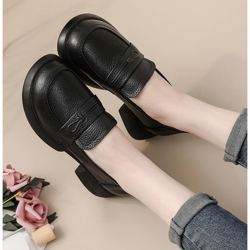 Image of Women's Penny Loafers Low Chunky Heel Black Leather Dress Shoes for Work US Size 7.5-8