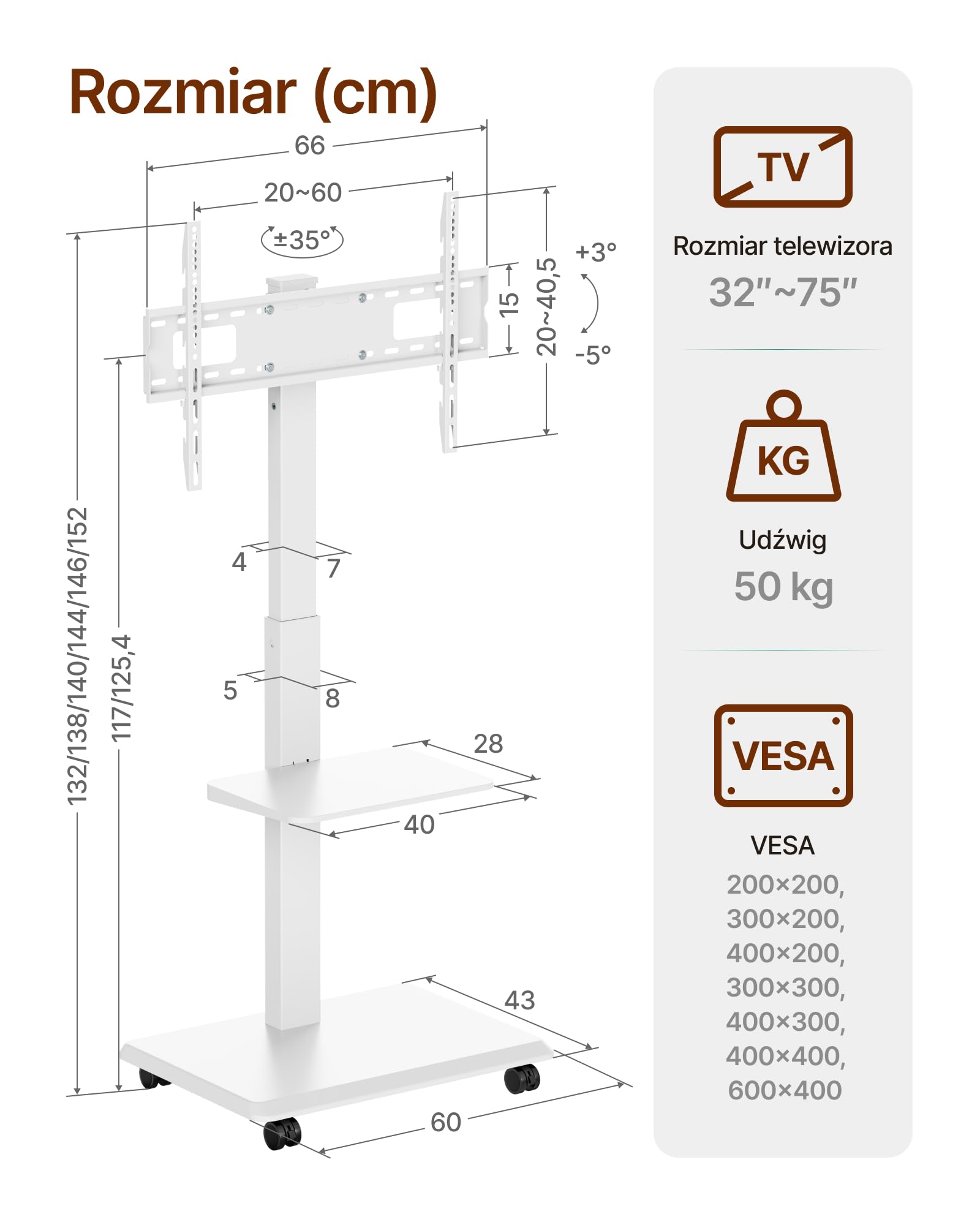 VESA VESA stojak na telewizor ze stali na kółkach do 37-75 cali do 50 kg, VESA 600 x 400 | Regulowana wysokość, wychylny stojak pod telewizor z półką, ukryte zarządzanie kablami, regulacja poziomu ± 3°, biały