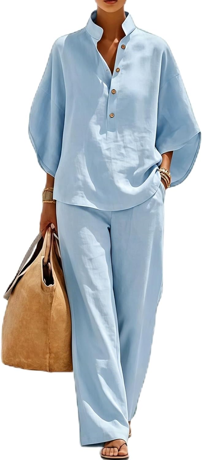 2026 New Casual Batwing Sleeve Linen and Cotton Shirt and Trousers Two-Piece Set, Embrace The Trend