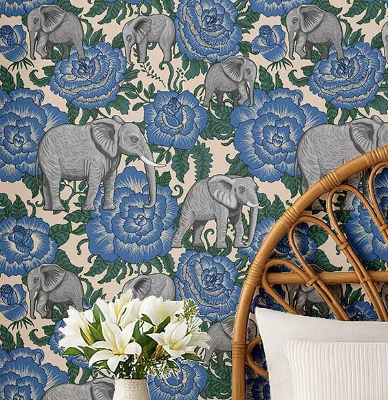 Papier peint vinyle autocollant bleu à motif éléphant style asiatique Soimoi