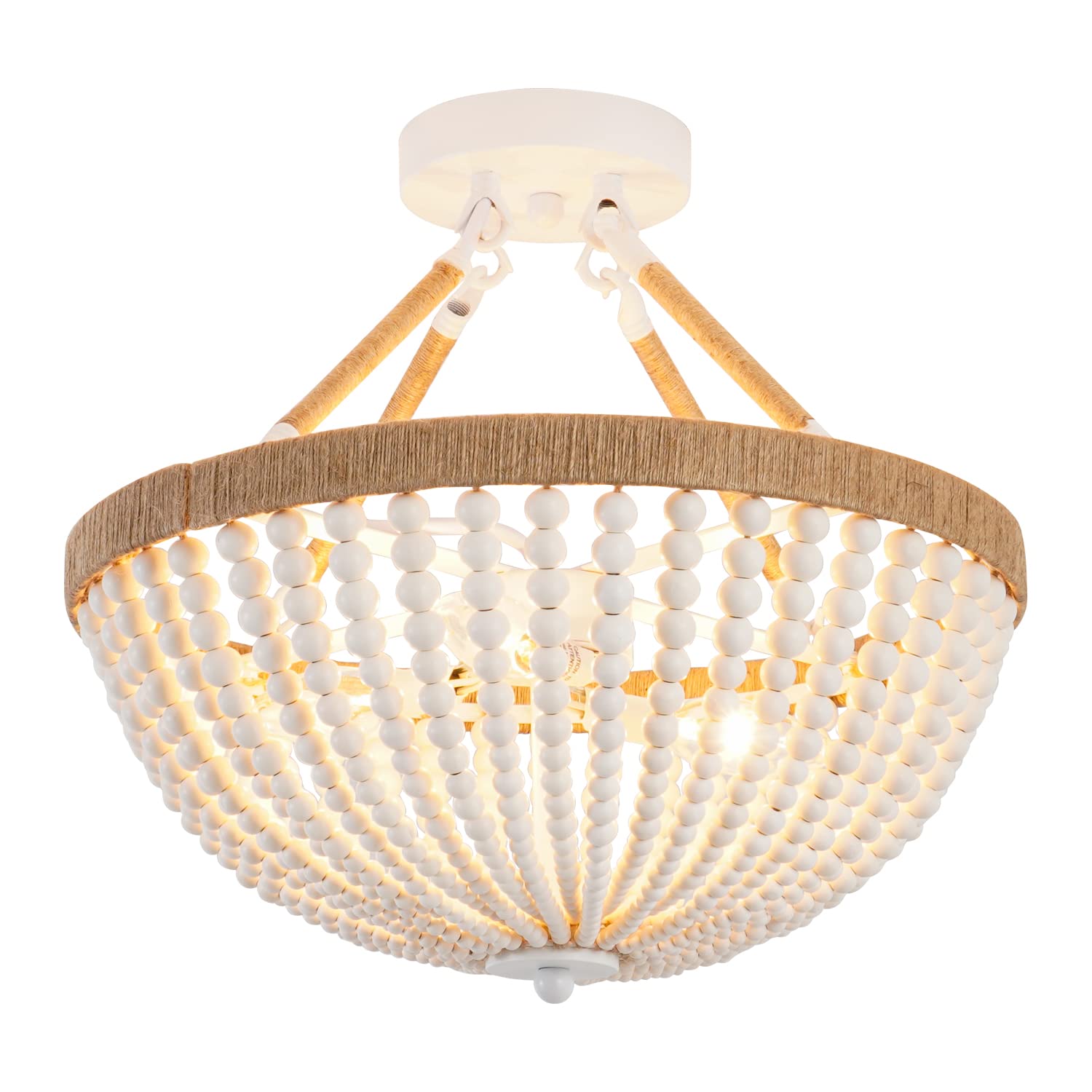 Wood Beaded Mini Chandelier Farmhouse Bohemia Semi Flush Mount Ceiling Light Rustic 3-Light Ceiling Lighting Fixtures for Bedroom Dining Nursery Room Girl Room Hallway, White, Dia 15 Inch