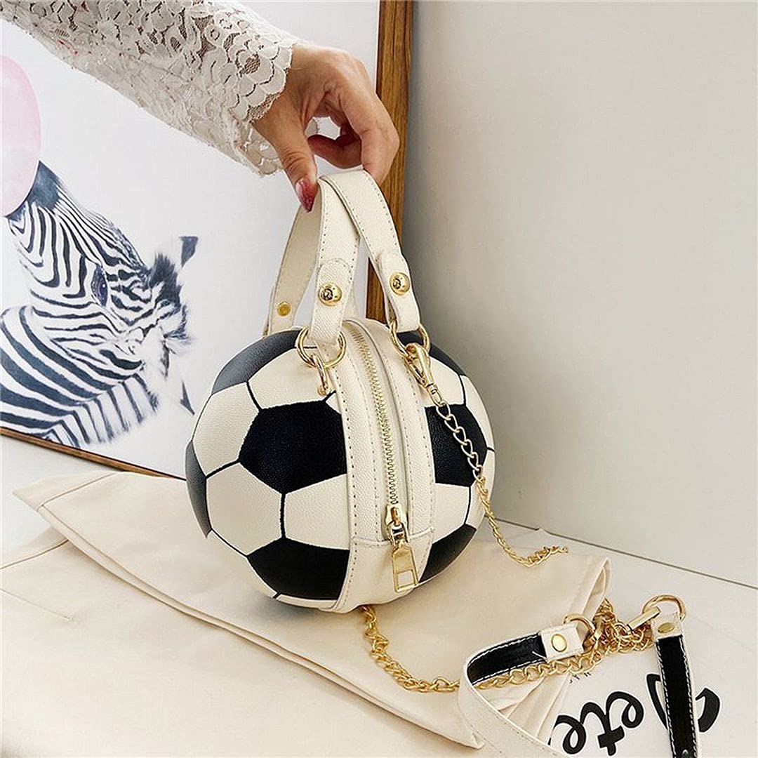 QZUnique Soccer CrossBody Bag Round Handbag PU Leather Messenger Shoulder Bag Personality Purses for Women White and Black