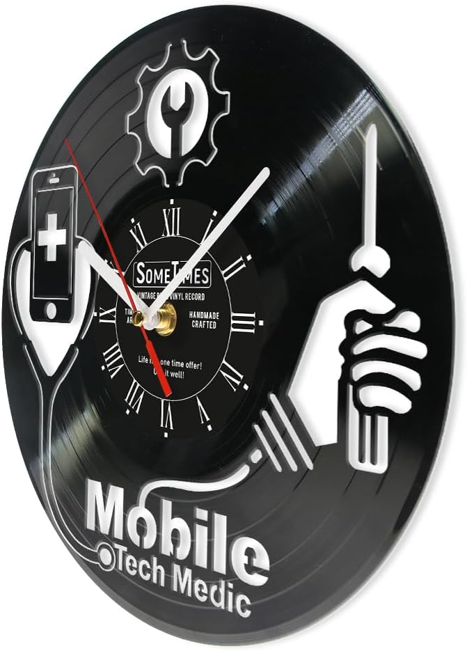 The Geeky Days Cell Phone Repair Fix Clock Custom Name Sign, Mobile Tech Medic Business Display Vinyl Record Wall Clock Retro Silent Non Ticking Battery Operated Wall Clock for Phone Store 12''