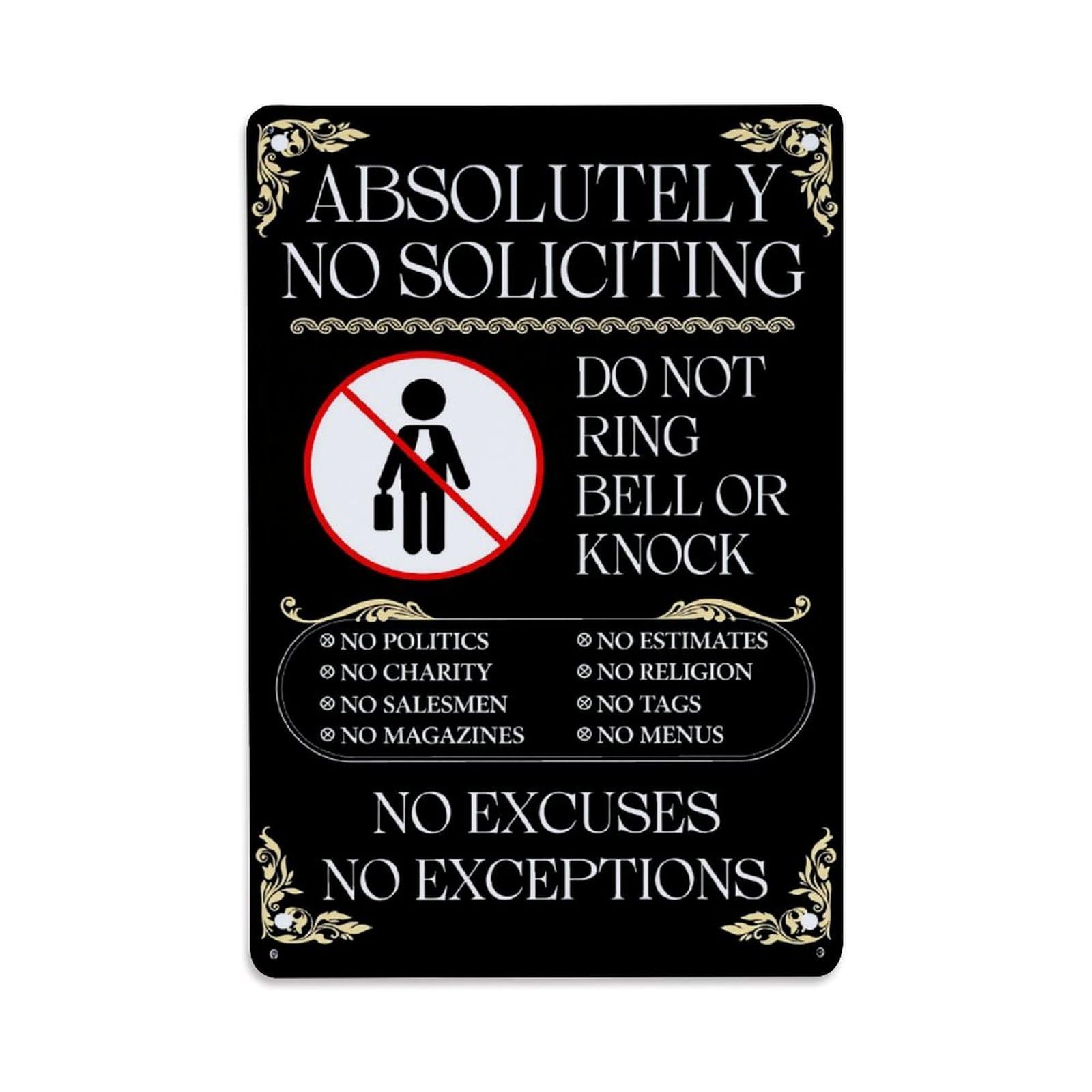 Enderetf Vintage Absolutely No Solicting Sign Tin Sign Metal Poster, Home Bar Garage Man Cave Cafe Indoor & Outdoor Wall Decoration 8X12inches
