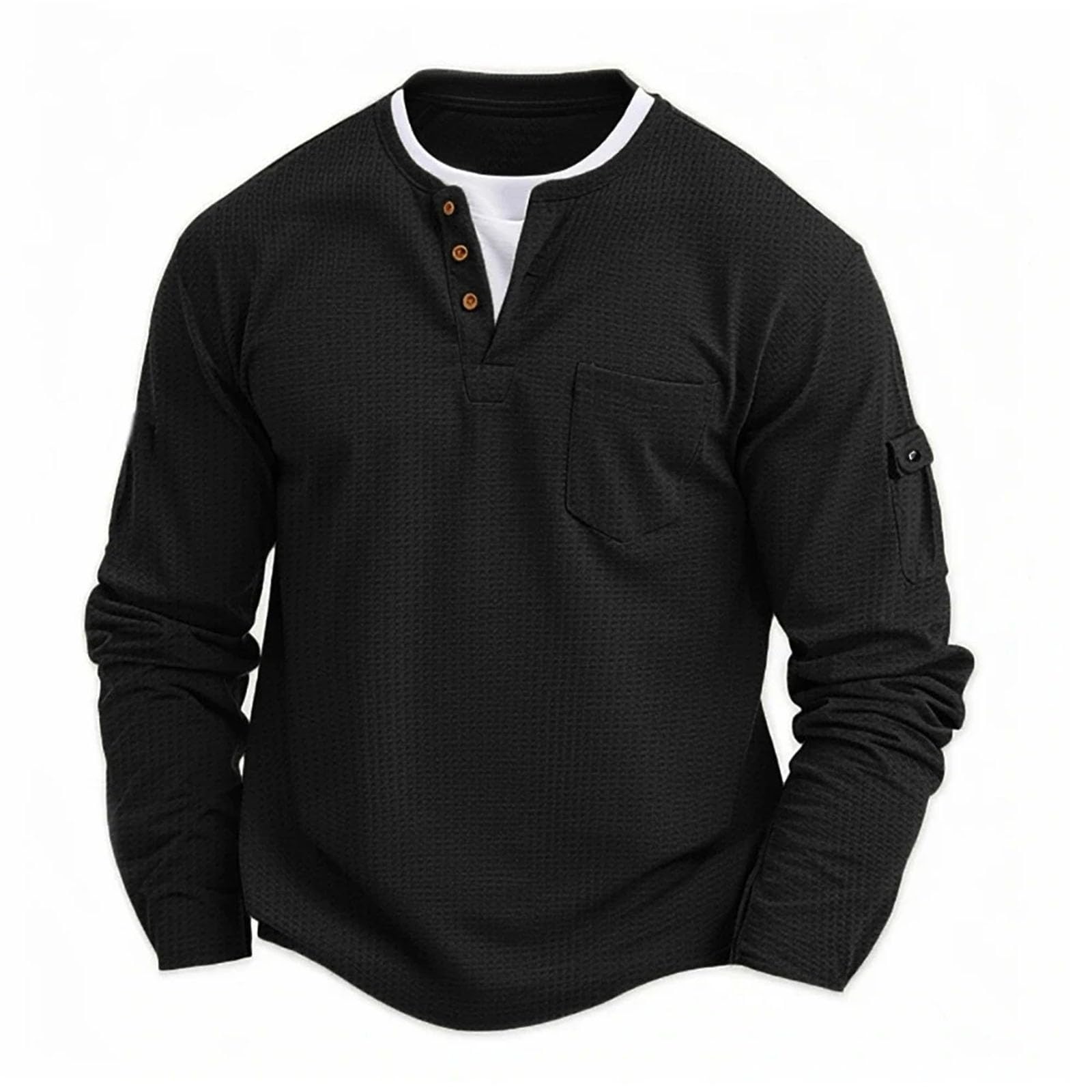 Camicia da uomo a maniche lunghe con bottoni casual tinta unita T-shirt alla moda in cotone a nido d'ape finto strato di base a due pezzi