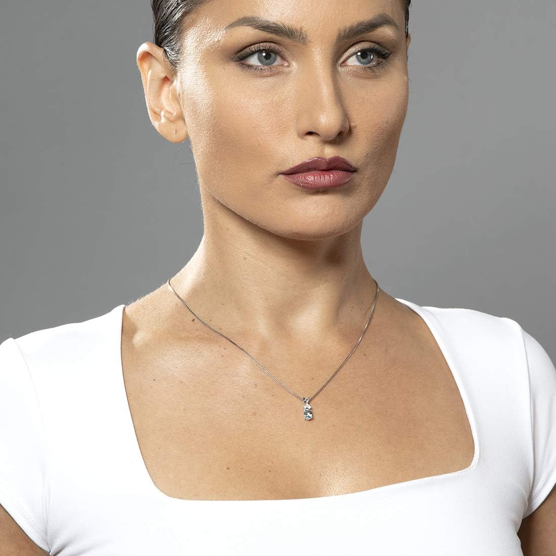 Miniatura 2 de Peora Colgante de oro blanco sólido de 14 quilates con aguamarina y diamantes para mujer, piedra preciosa auténtica, delicado solitario, forma