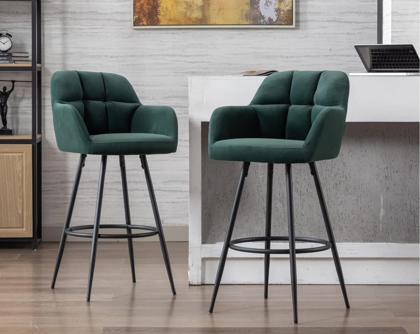 Set of 2 Bar Chairs 28 Inch Seating Height Green Velvet Fabric Counter Height Barstool with Back Rest Perfect for Indian Kitchen and Bar Area-image-13