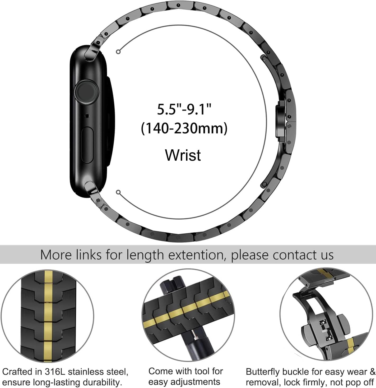 Wingle Stainless Steel Bands for Apple Watch Band Ultra 3/2/1 Band Ultra 49mm Series 11 10 46mm 45mm 44mm 42mm SE 3/2/1 Series 9 8 7 6 5 4 3 2 Men, Classy Business Rugged Metal iWatch Bands,Black/Gold