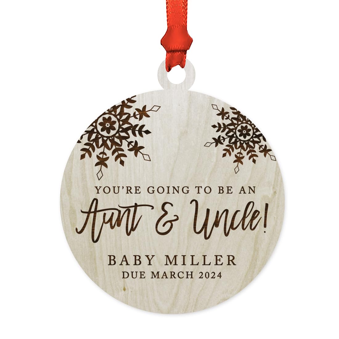 Andaz Press Personalized Pregnancy Announcement Laser Engraved Wood Christmas Ornament, You're Going to be an Aunt and Uncle! Baby Due 2024, Snowflakes, 1-Pack, Includes Ribbon and Gift Bag
