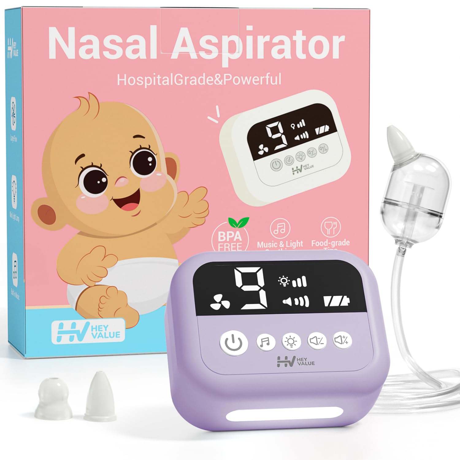 HEYVALUE Nasal Aspirator for Baby, Hospital Grade Nose Sucker with 9 Levels Suction, Night Light and Nursery Rhyme Soothing, Electric Nose Suction for