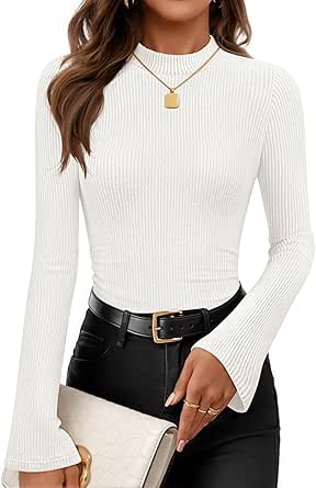 ZESICA Women's Long Sleeve Shirts 2026 Spring Mock Neck Ribbed Slim Fit Tops Basic Tees Dressy Casual Outfits Clothes