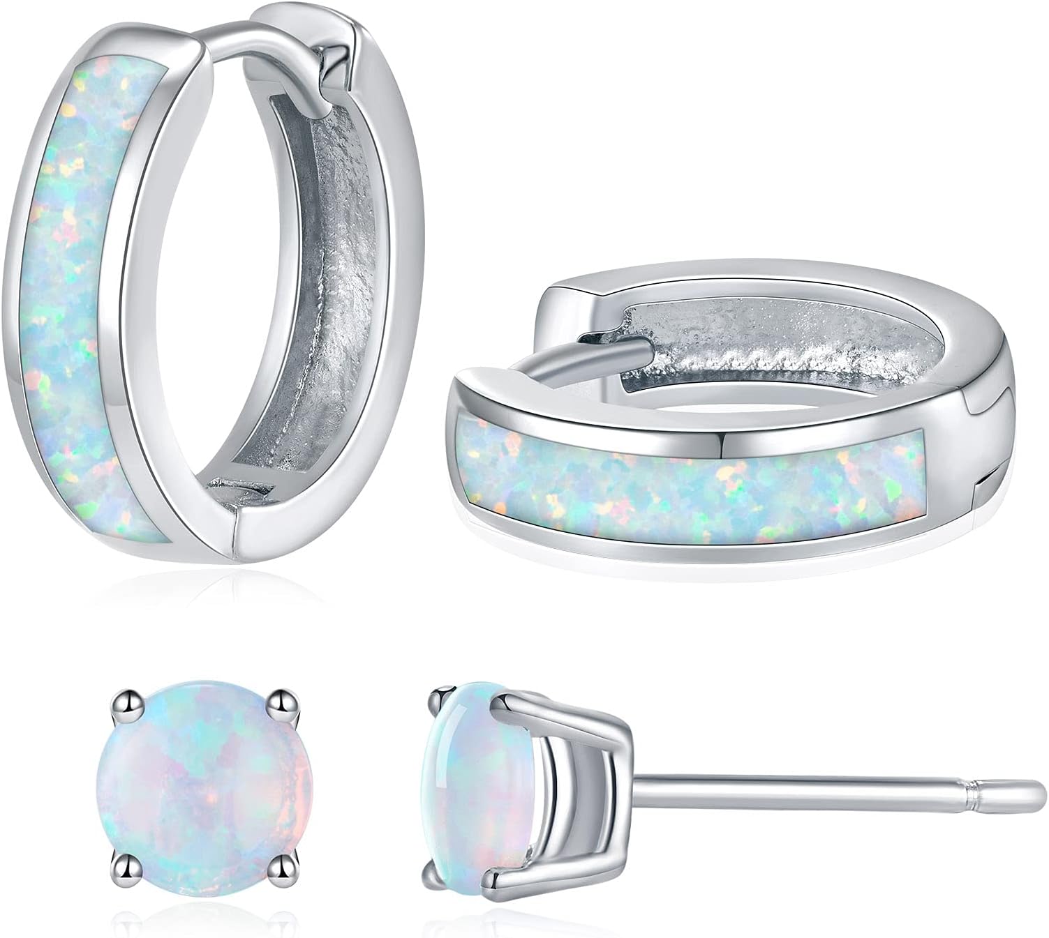 Opal Stud Hoop Earrings Set: Hypoallergenic Small Hoops Earrings for Women Girls Sensitive Ears, White Gold, Created Opal