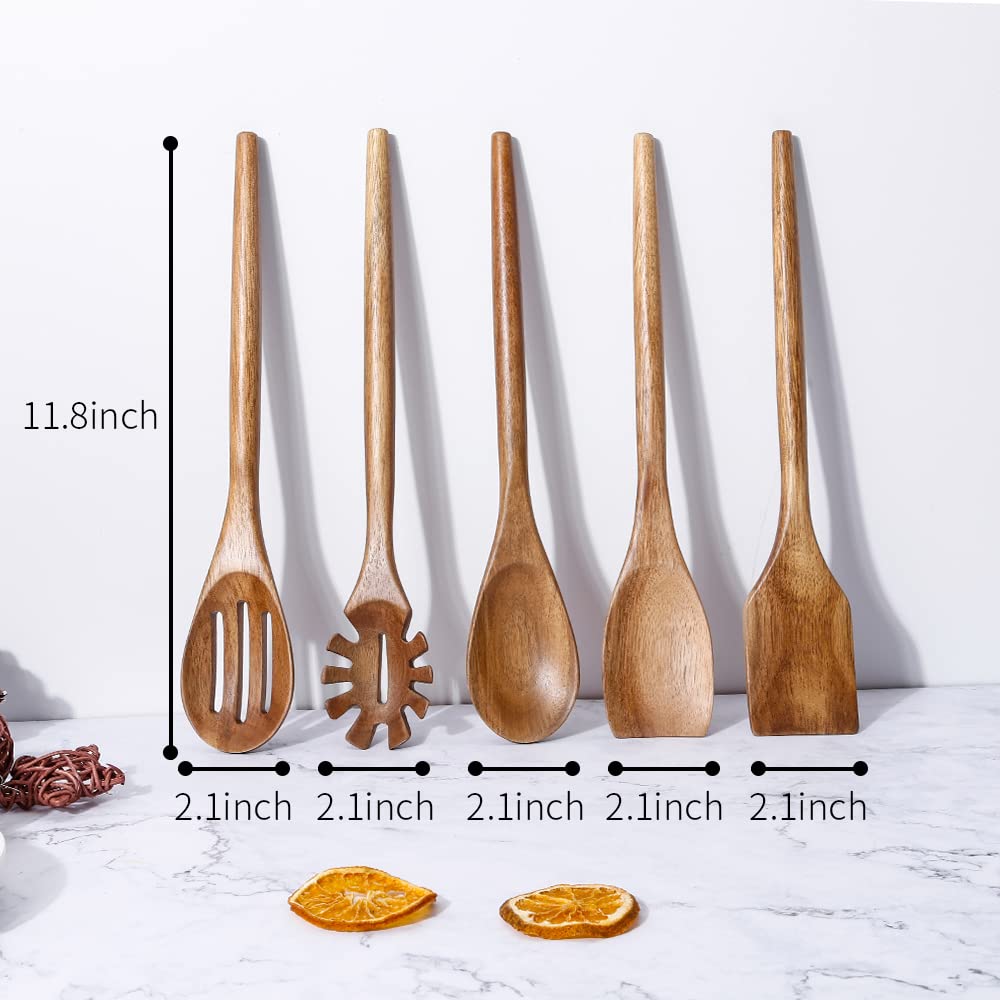 Exquisitos utensilios de cocina de madera para cocina, juego de 5, juego de utensilios de cocina de madera de acacia de 12 pulgadas, utensilios de cocina que incluyen cuchara, espátula de cuchara