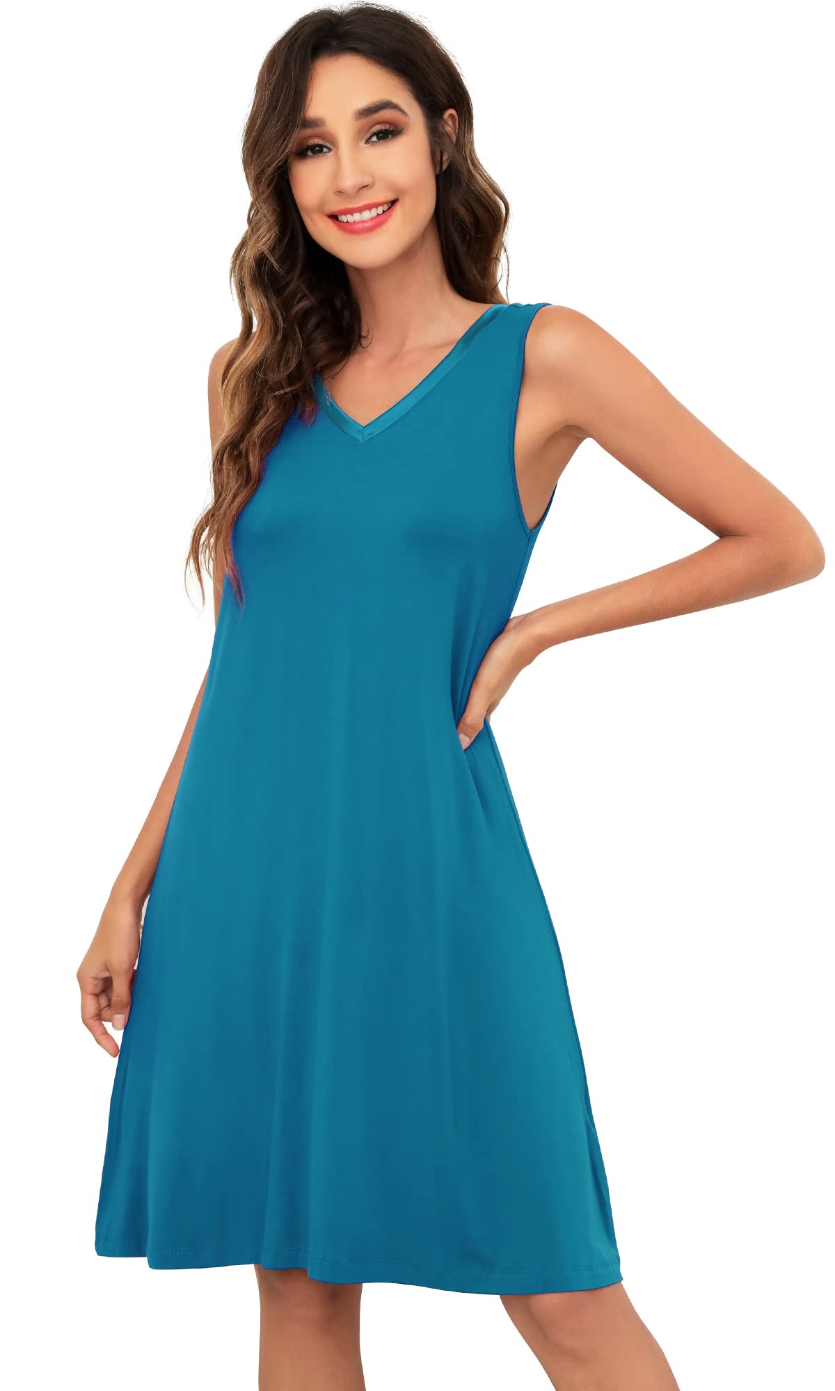 WiWi Nightgown for Women Super Soft Sleeveless Sleepwear Cool V-neck Sleep Shirts Bamboo Viscose Pj Gown S-4X