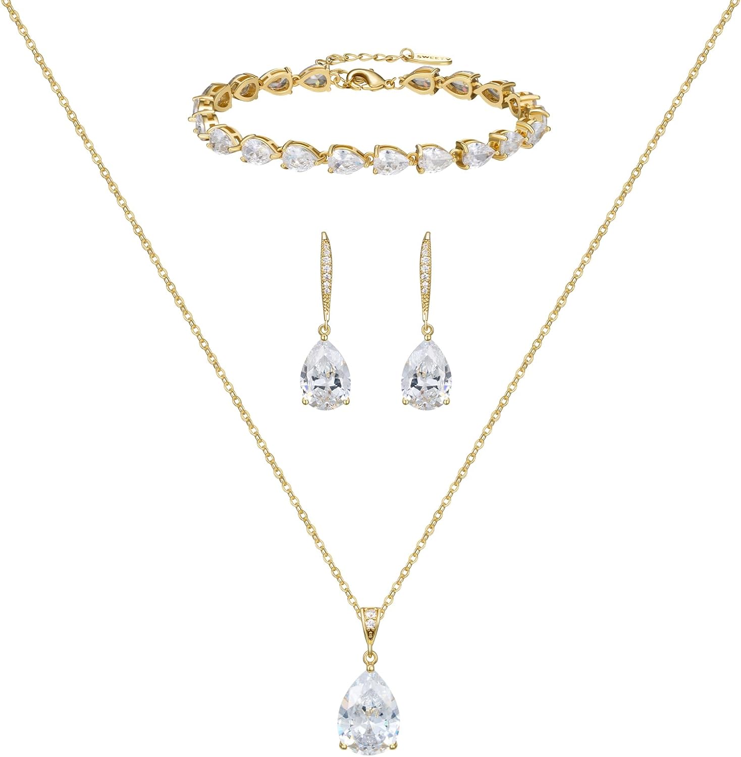 SWEETV Bridal Jewelry Set for Wedding, Cubic Zirconia Necklace Dangle Drop Earrings Bracelet Set, Teardrop Marquise Brides Bridesmaids Wedding Prom Anniversary Jewelry Gifts for Women
