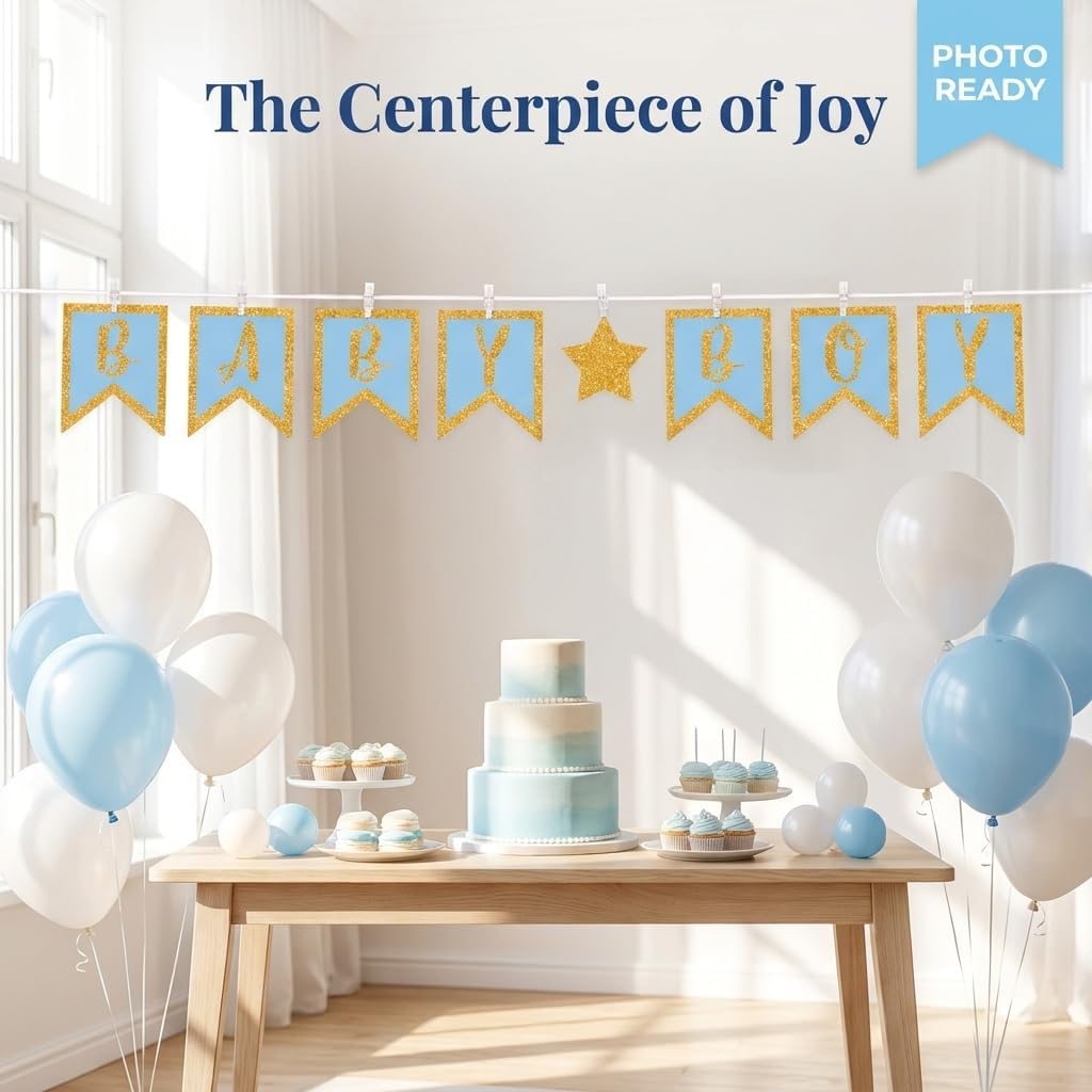 Baby Boy Shower Banner - Blue and Gold Glitter Clothespin Garland image 4