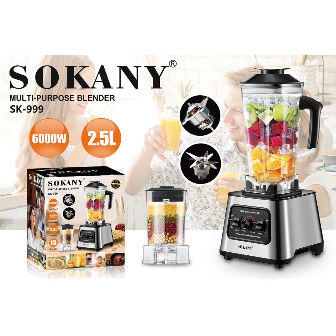 SOKANY SK-999 Mélangeur vertical 2 en 1 de 6000W, mélangeur à haut rendement doté de 15 vitesses [2,5 l de machine à smoothies et moulin à café], fonction de broyage de glace, fonction d'autonettoyage