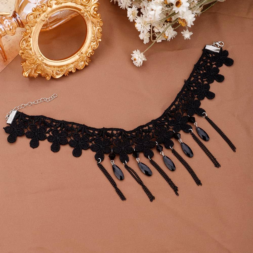 Missgrace Boho Punk Vintage Black Lace Shiny Tassel Choker Necklace for Women Chunky Short Necklace Black Chain Necklace for Women - Image 5
