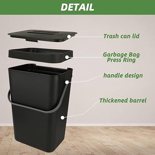 Miniatura 3 de MUXHEL 1 cubo de basura colgante con tapa, contenedor de compost de cocina negro de 12 litros con tapa, cubo de basura grande de plástico colgante