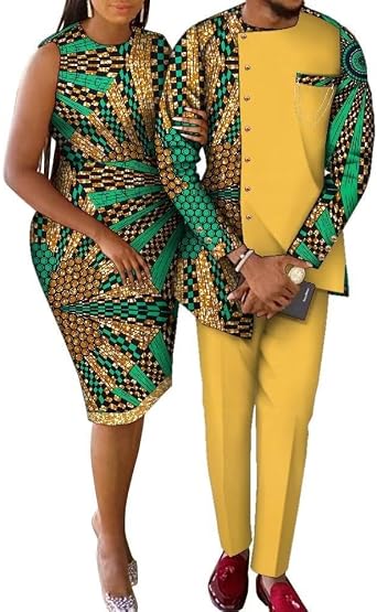 African Couple Outfits Matching Sets African Print Women Pencil Dresses Men Long Sleeve Tops and Pants Set