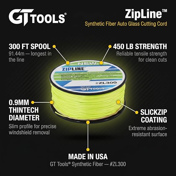 Zipline Auto Glass Cutting Line - Reusable Windshield Cut Out Wire 300 ft