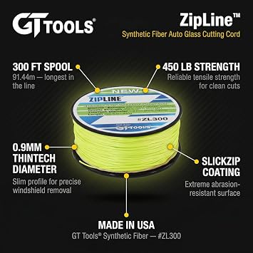 Zipline Auto Glass Cutting Line - Reusable Windshield Cut Out Wire 300 ft