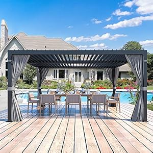 MELLCOM Louvered Pergola 10x12, Aluminum Pergola with Adjustable Louvered Roof, Outdoor Small Pergola with Waterproof Curtains and Nets, Gray MELLCOM Louvered Pergola 10×12 Aluminum Pergola with Adjustable Louvered Roof Outdoor Small Pergola with Waterproof Curtains and Nets Gray