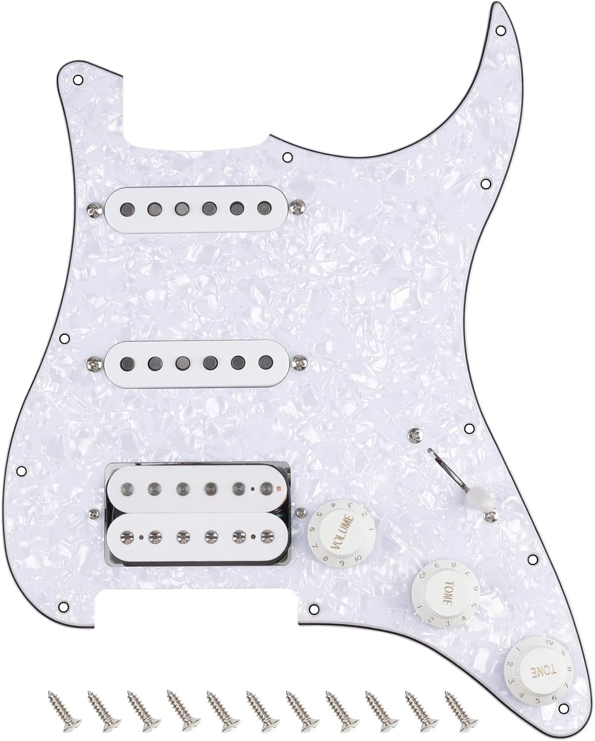 Banworks 3Ply Loaded HSS Strat Pickguard Vintage Hot F '50s Tones Prewired Pickguard with Staggered Alnico 5 Fiber Bobbin SSH Pickups for Fender Stratocaster Strat ST JT/HBZC-03 Vintage Hot White