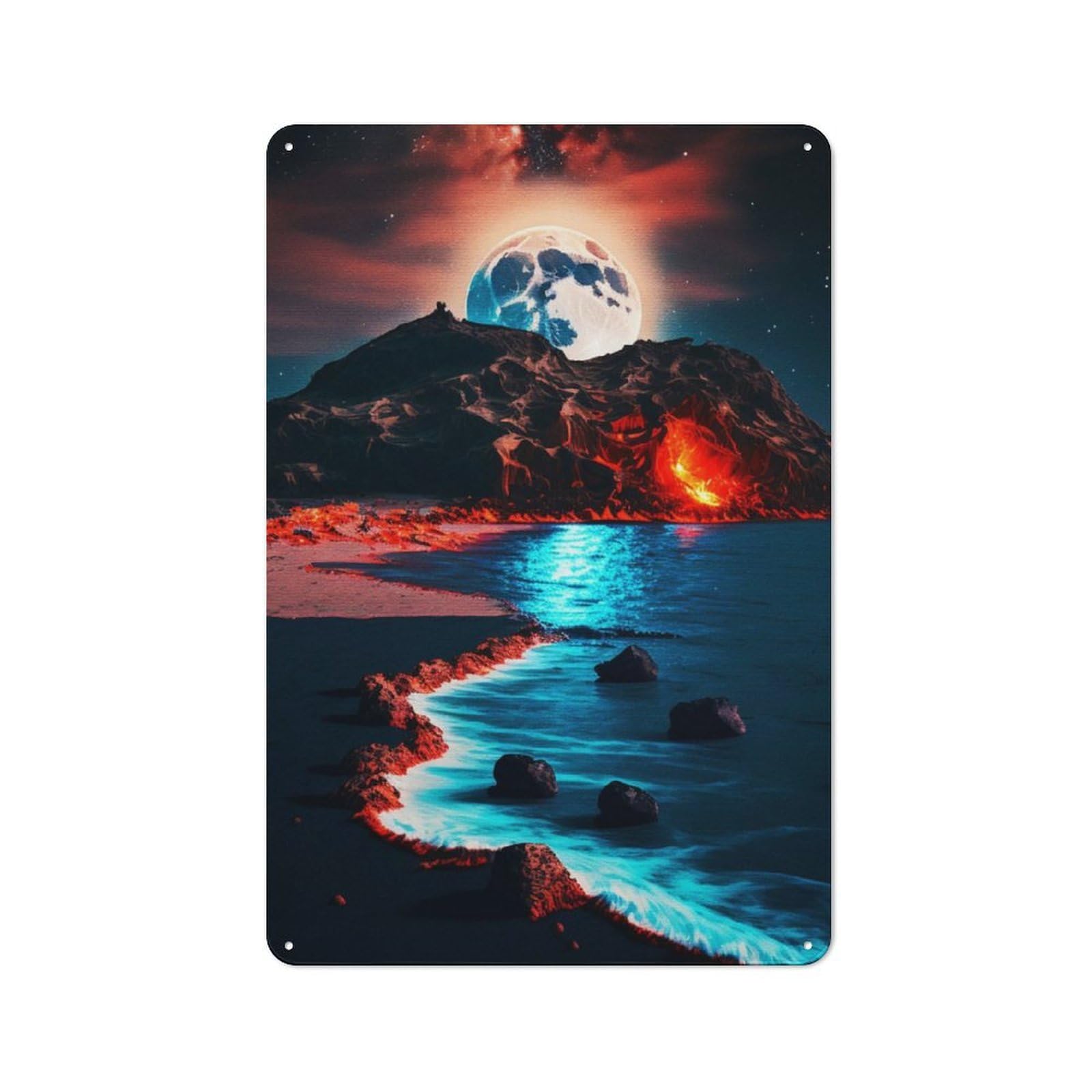 Junmoney Volcano Beach At Moonlight For Café Or Restaurant, Vintage Tin Wall Plaque 30X20cm, New Home Wall Decor For Café Owners And Decorators