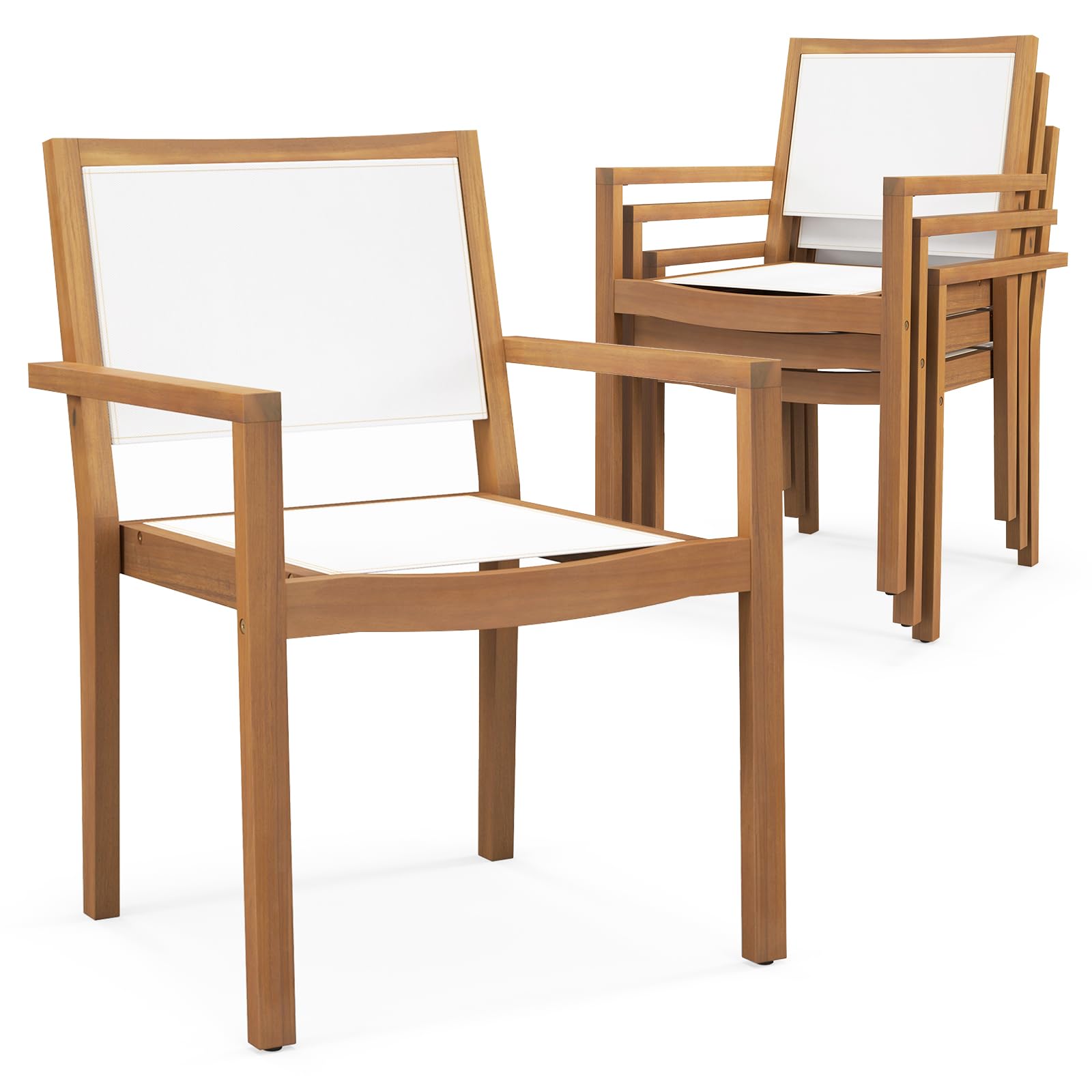 GOFLAME Stackable Patio Dining Chairs Set of 4, Outdoor Armchairs with Fabric Seat and Backrest, Patio Conversation Chair Set with Acacia Wood Frame