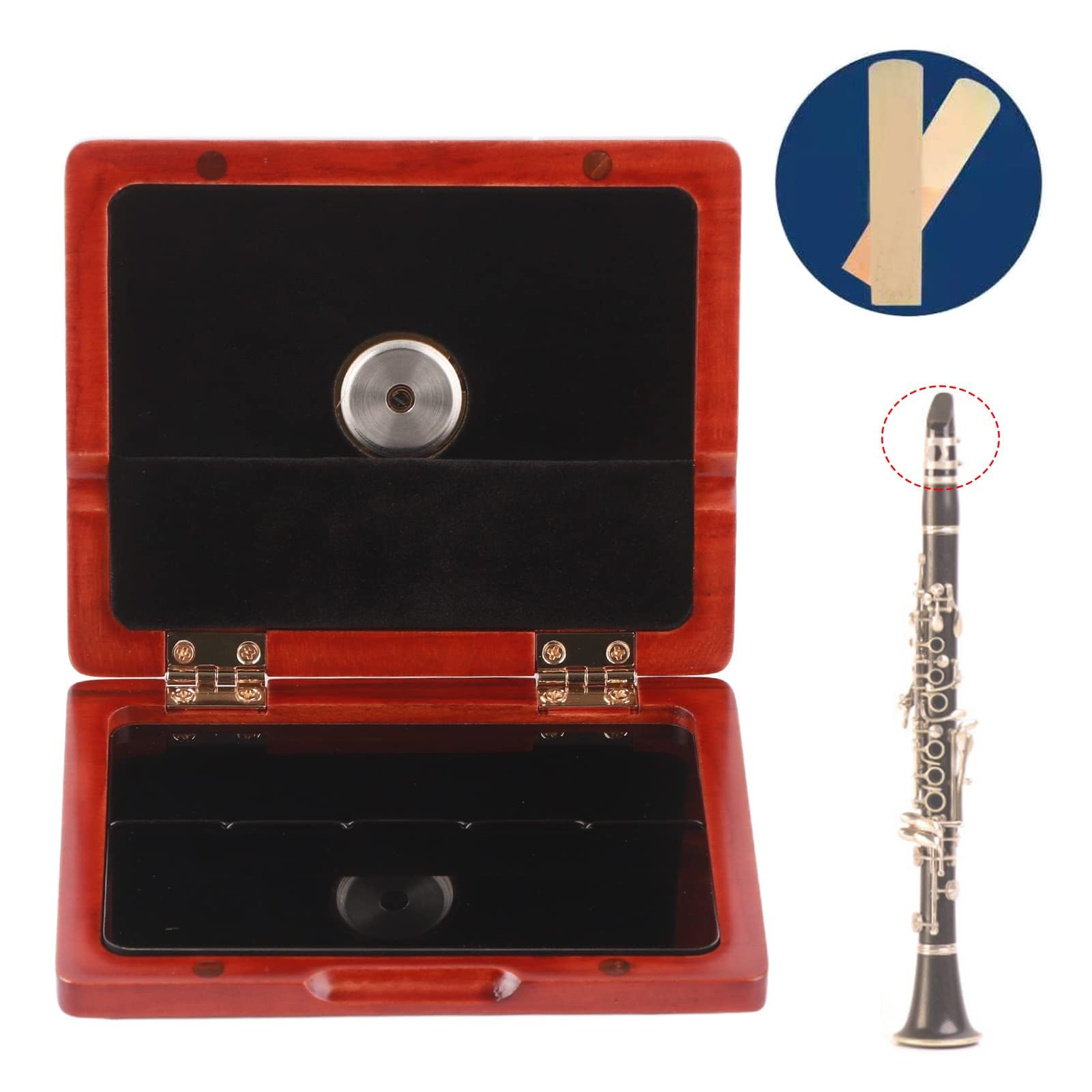 Estuche de Cañas para Clarinete Saxofón de Madera Maciza con Higrómetro, Goma e Interruptor Magnético para 5 Cañas (ámbar)