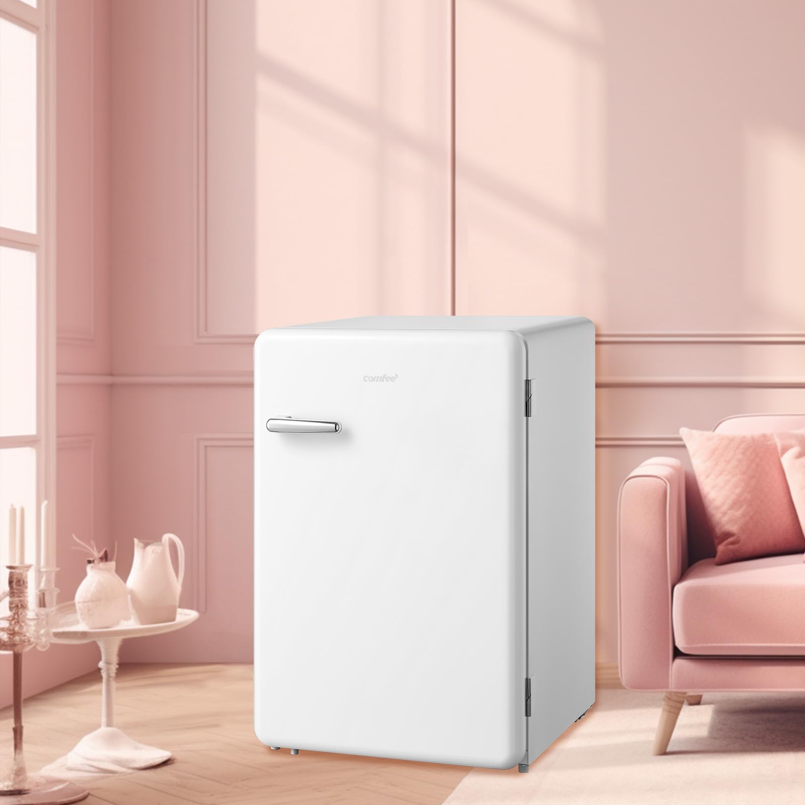COMFEE' RCD113WH2RT(E) Frigorifero Piccolo con Freezer, 116 Litri, Design Retrò, Frigo Monoporta, Temperatura Regolabile, Adatto a Camera, Ufficio e Hotel, Luce a LED, Silenzioso, Bianco