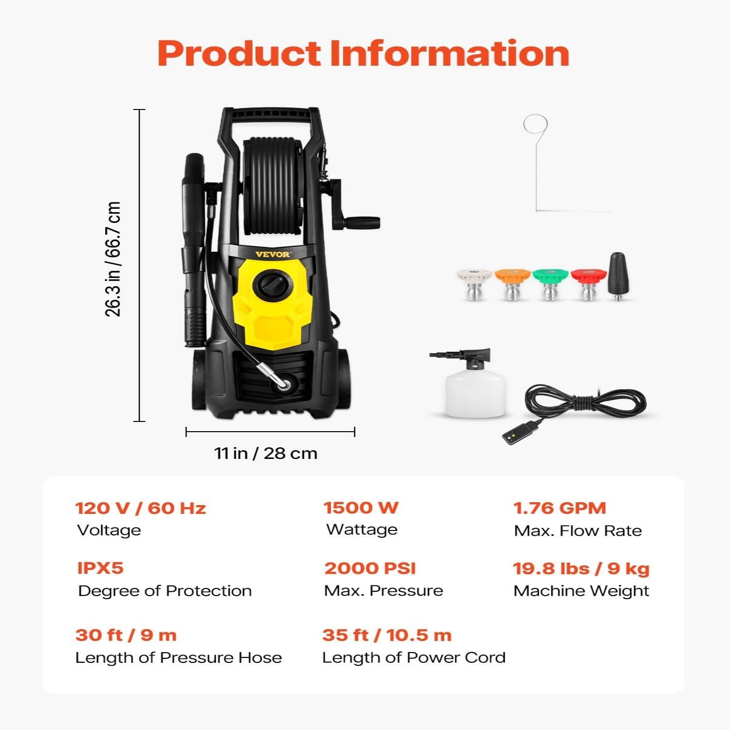 Product information and specifications including dimensions, voltage, wattage, flow rate, pressure, and weight