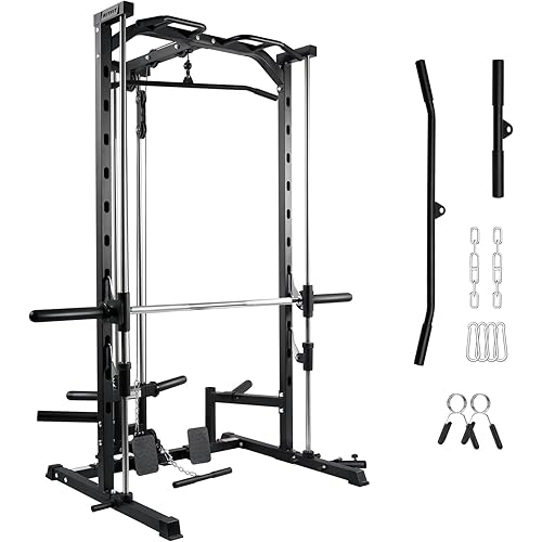 RitFit Smith Machine Power Rack with LAT-Pull Down System, Landmine, Barbell Bar, Plate Storage Pegs and More Training Attachment