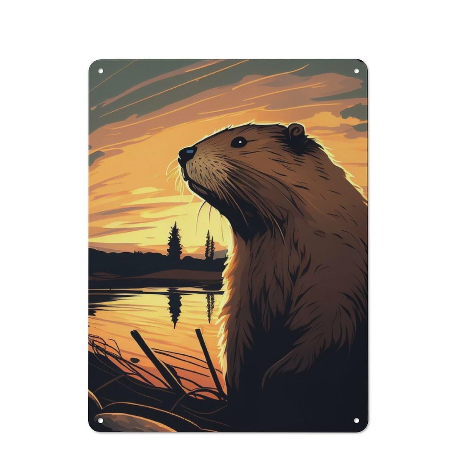 Tin Wall Plaque 40x30cm with Beaver Sunset for Guest Room Or Hallway, for Hallway Wall Decor Fans