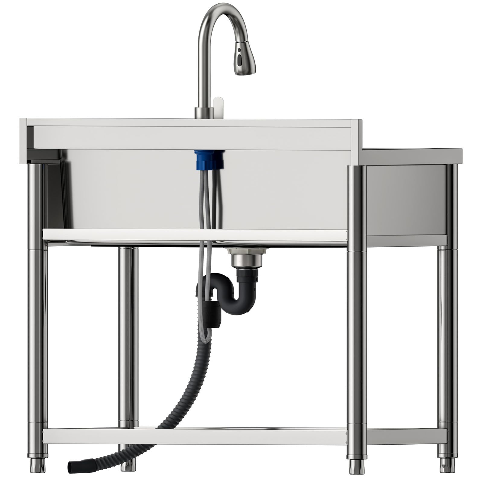 Grand Évier à Autoportant en Acier Inoxydable, 90 cm Évier de Cuisine sur Pied Commercial avec Robinet Extractible, Évier ‎Autonome pour Extérieur, Cuisine, Restaurant, Garage, Buanderie, Jardi