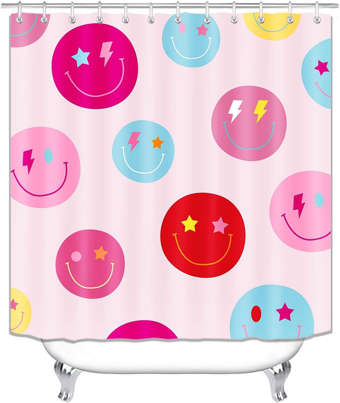4PCS Smiley Face Shower Curtain Sets with Rugs, Waterproof Fabric Pink Shower Curtain, Cute Colorful Smiley Face Star Lightning Trendy Preppy Aesthetic Teen Girls Bathroom Decor, Girly Gifts image 2