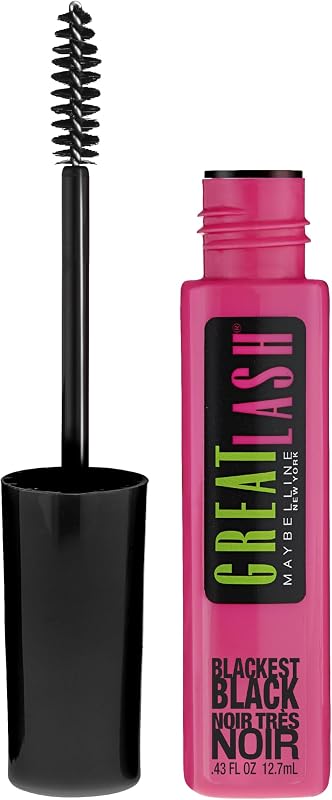Maquillaje de rímel lavable Great Lash de Maybelline, fórmula voluminizadora para duplicar las pestañas que acondiciona a medida que se espesa, negro más negro, 1 unidad