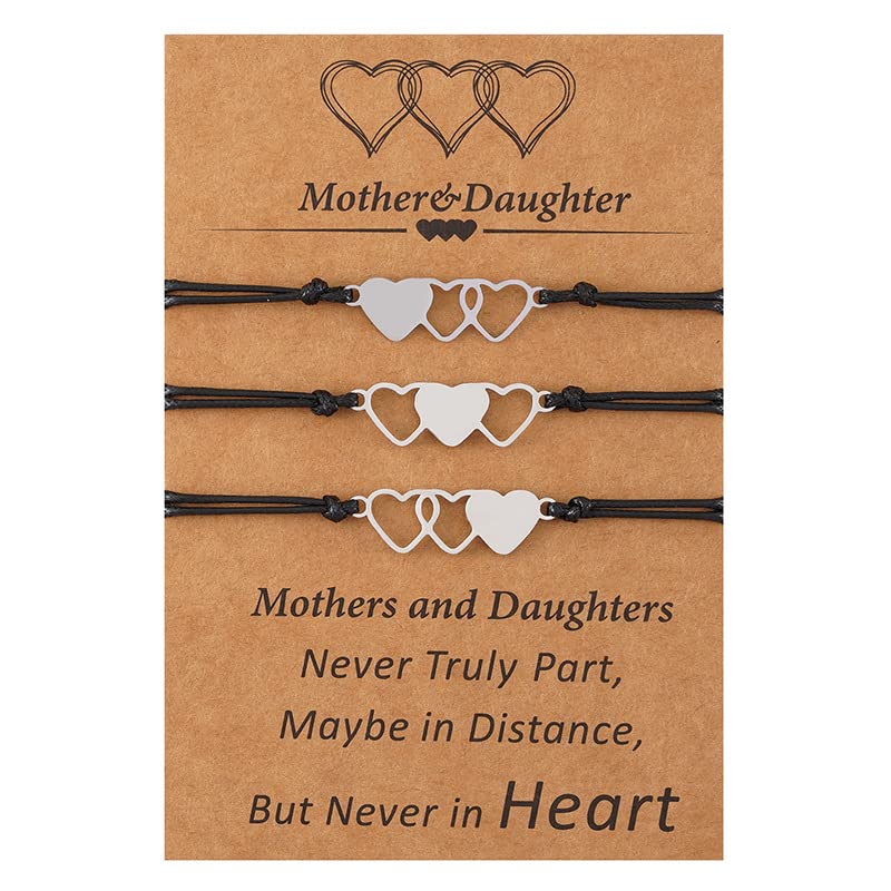Image of YALLNASL Matching Bracelets for Mom and Daughter Set of 3, Mother Daughter Heart Bracelets for Mom Daughter Bracelet Set for Mama Mommy 2 Daughter Graduation Christmas Gifts