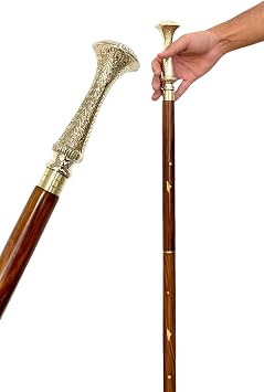 Wooden Walking Stick with Brass Handle Handcrafted Vintage-Style Mobility Cane for Men & Women Solid Wood Shaft with Decorative Brass Grip